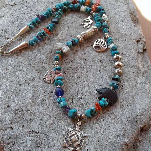 Sterling silver charm turquoise necklace